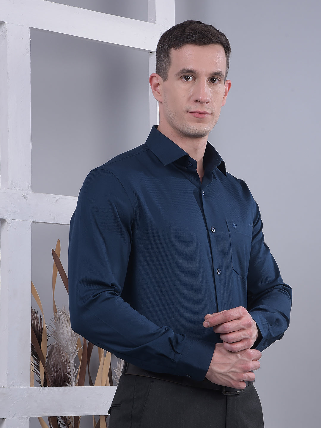 cobb teal blue self-design slim-fit formal shirt