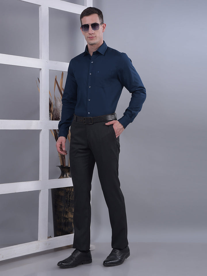 COBB TEAL BLUE SELF-DESIGN SLIM-FIT FORMAL SHIRT
