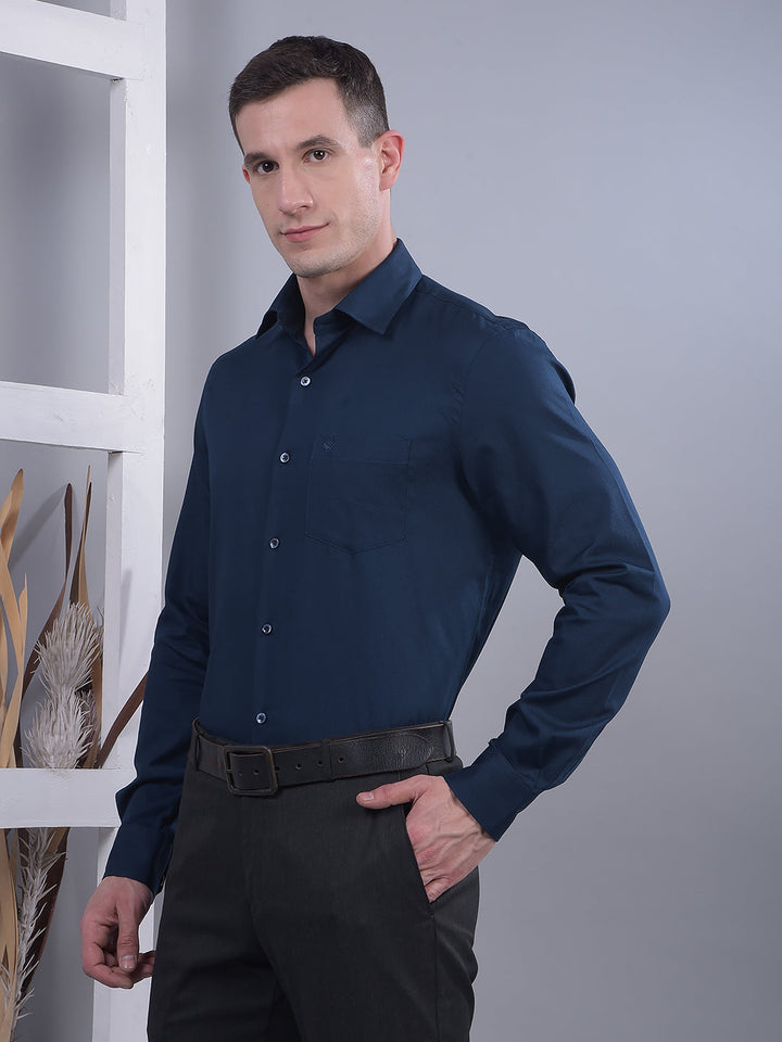 COBB TEAL BLUE SELF-DESIGN SLIM-FIT FORMAL SHIRT