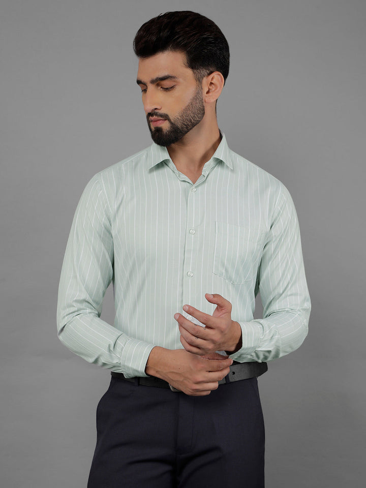 cobb pista green striped slim-fit formal shirt