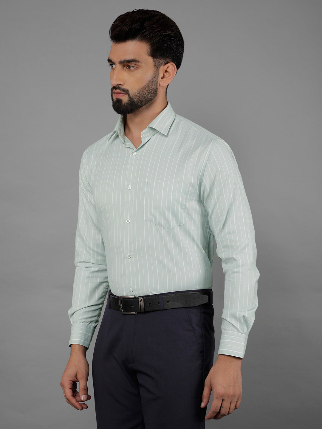 cobb pista green striped slim-fit formal shirt