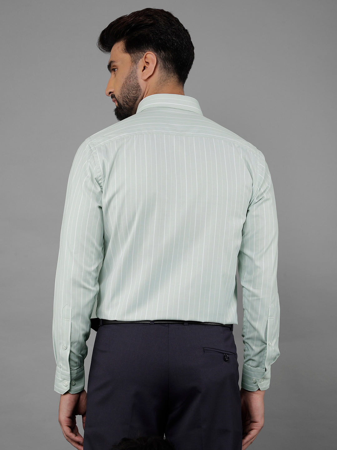 cobb pista green striped slim-fit formal shirt