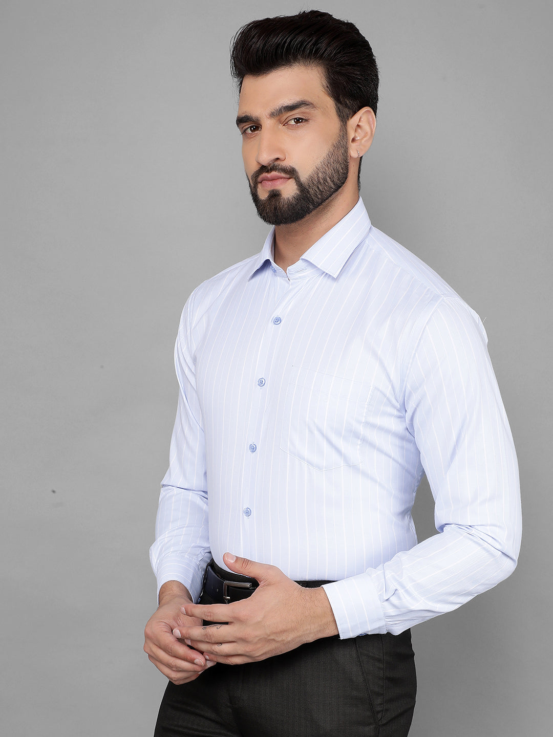 cobb sky blue striped slim-fit formal shirt