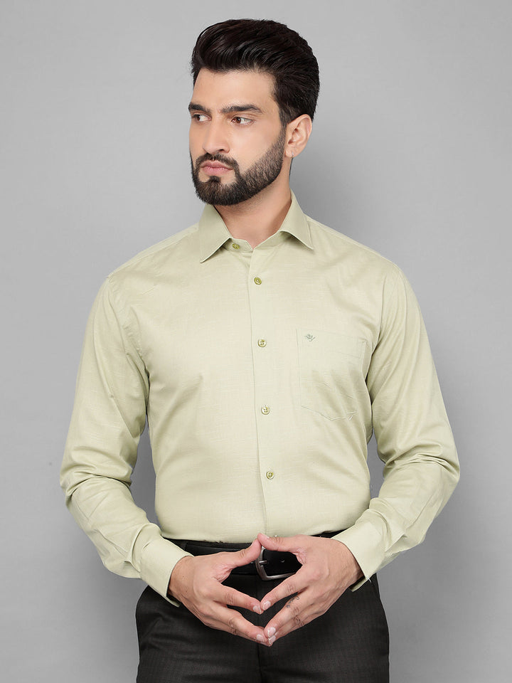 cobb solid mehendi linen smart-fit formal shirt