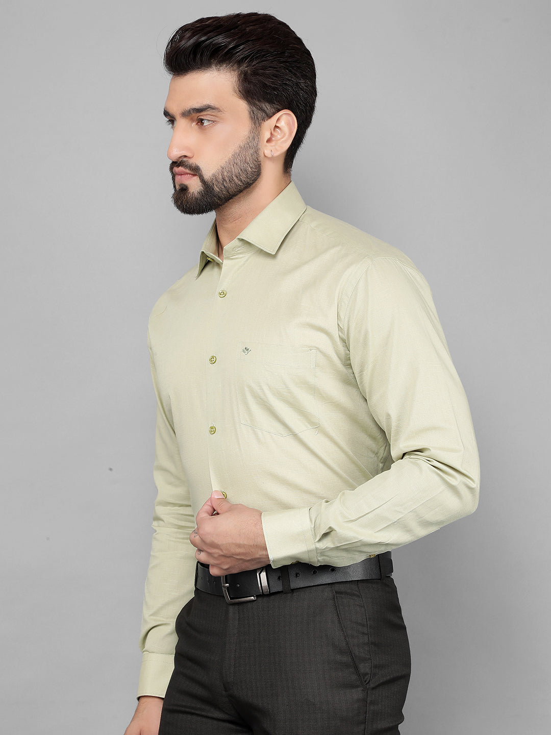 cobb solid mehendi linen smart-fit formal shirt