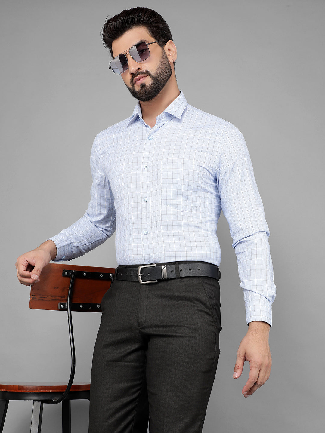 COBB SKY BLUE CHECKED SLIM-FIT FORMAL SHIRT