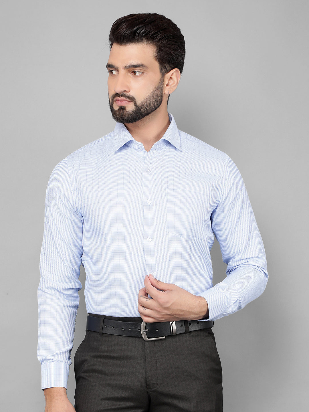 cobb sky blue checked slim-fit formal shirt