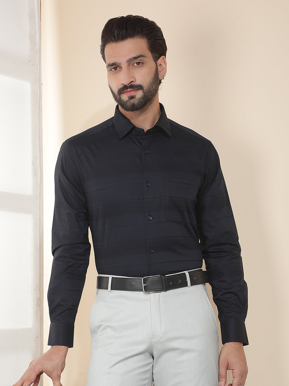 cobb navy blue solid smart-fit formal shirt