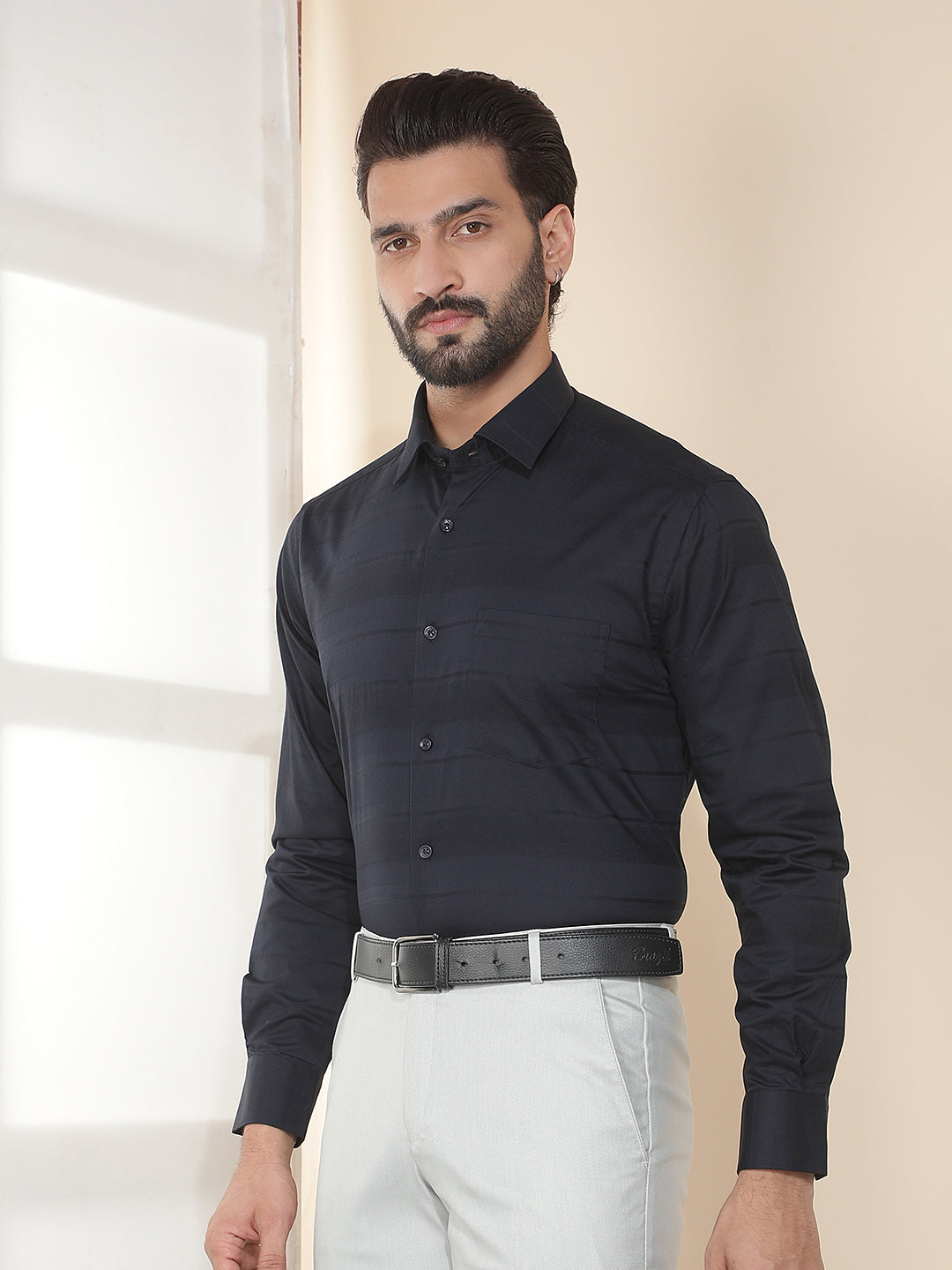 cobb navy blue solid smart-fit formal shirt