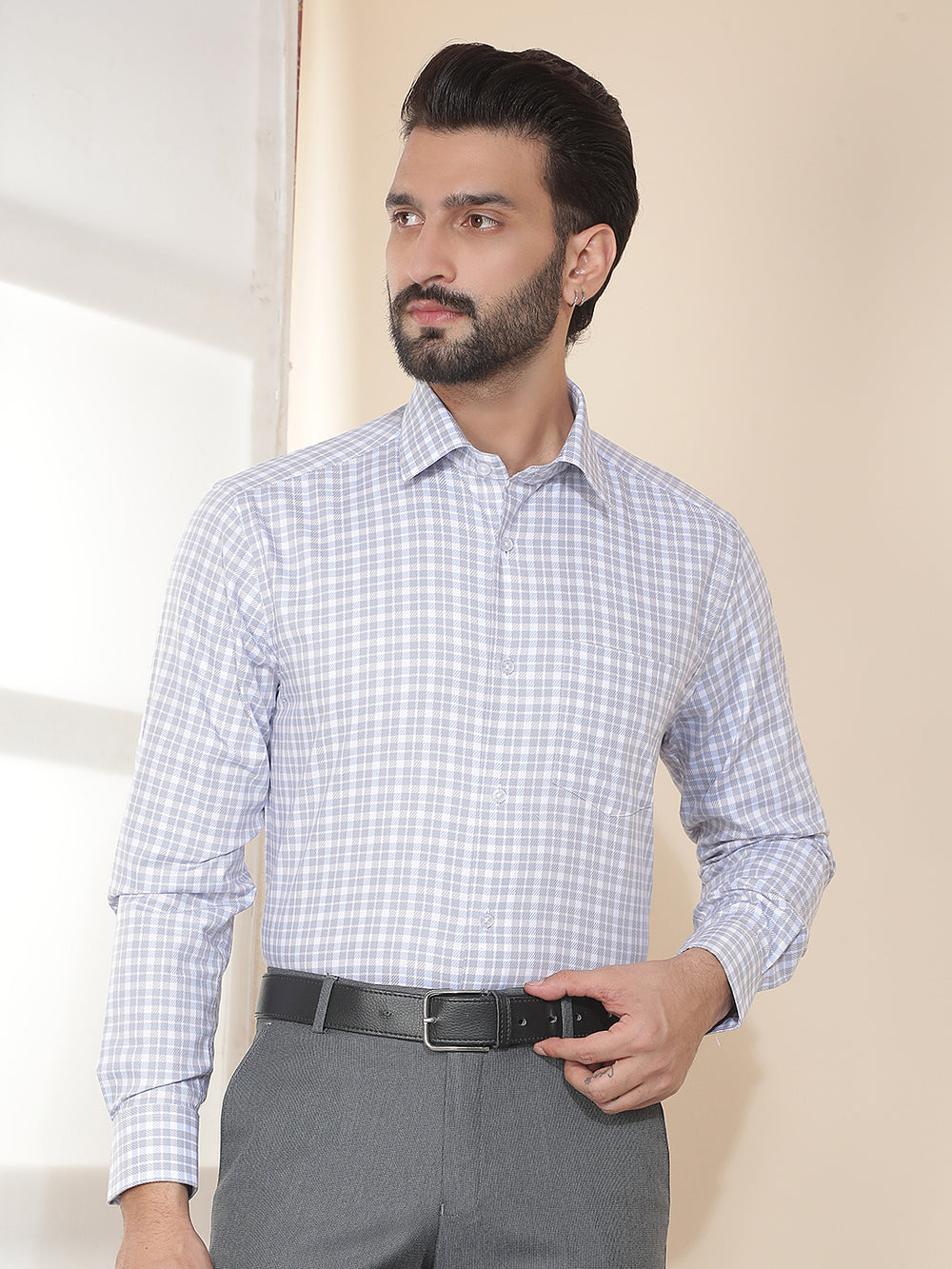 cobb light blue checked smart-fit formal shirt