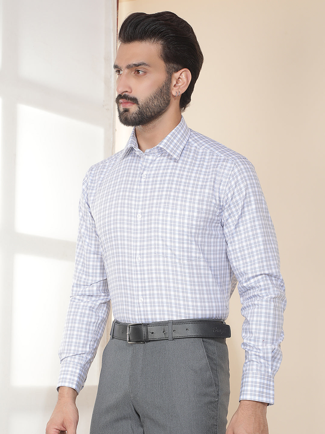 cobb light blue checked smart-fit formal shirt