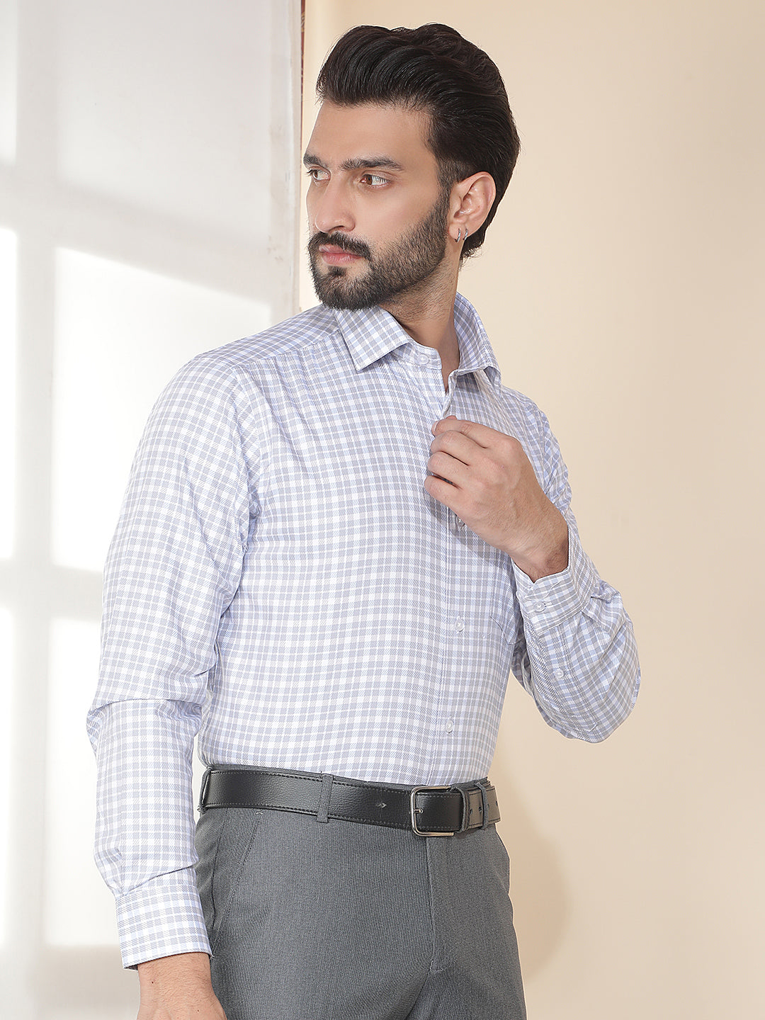 cobb light blue checked smart-fit formal shirt