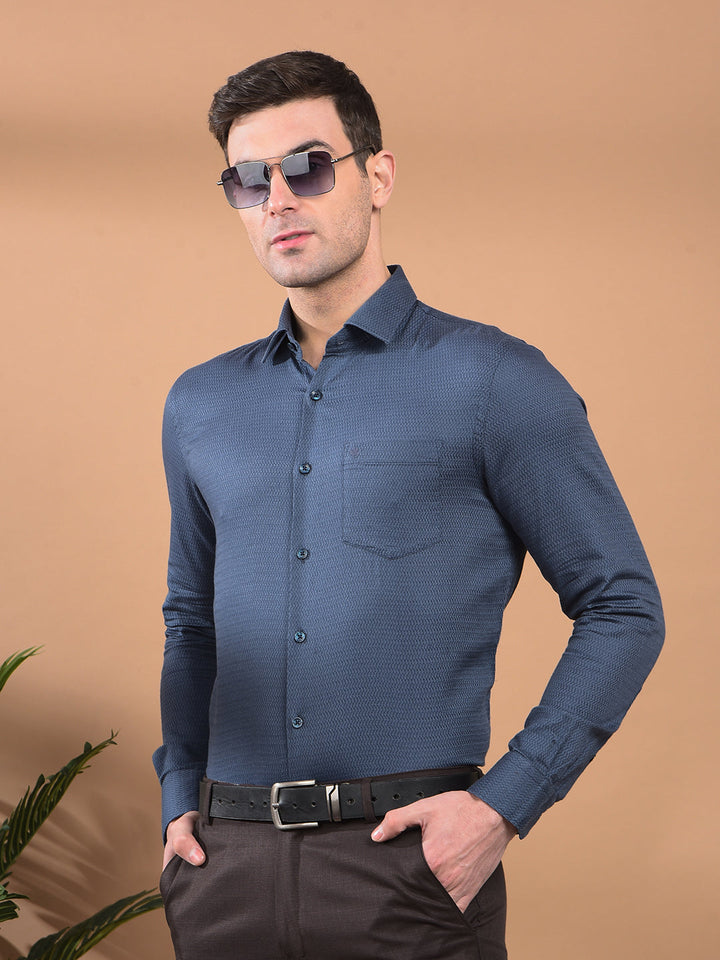 cobb blue self-design slim-fit formal shirt