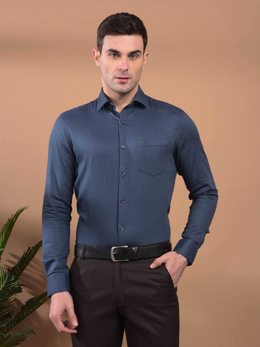 cobb blue self-design slim-fit formal shirt