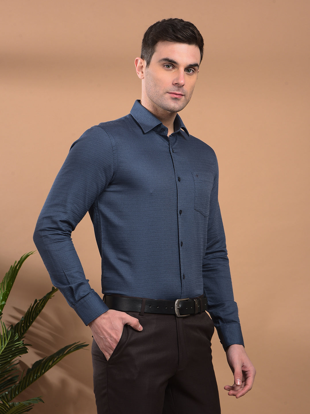 COBB BLUE SELF-DESIGN SLIM-FIT FORMAL SHIRT