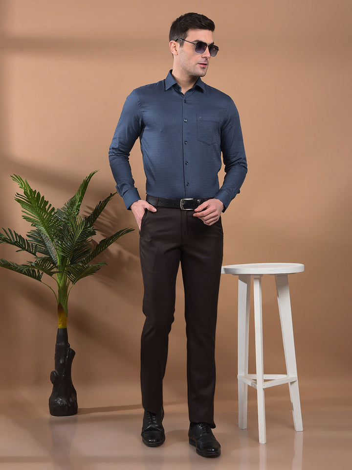 COBB BLUE SELF-DESIGN SLIM-FIT FORMAL SHIRT