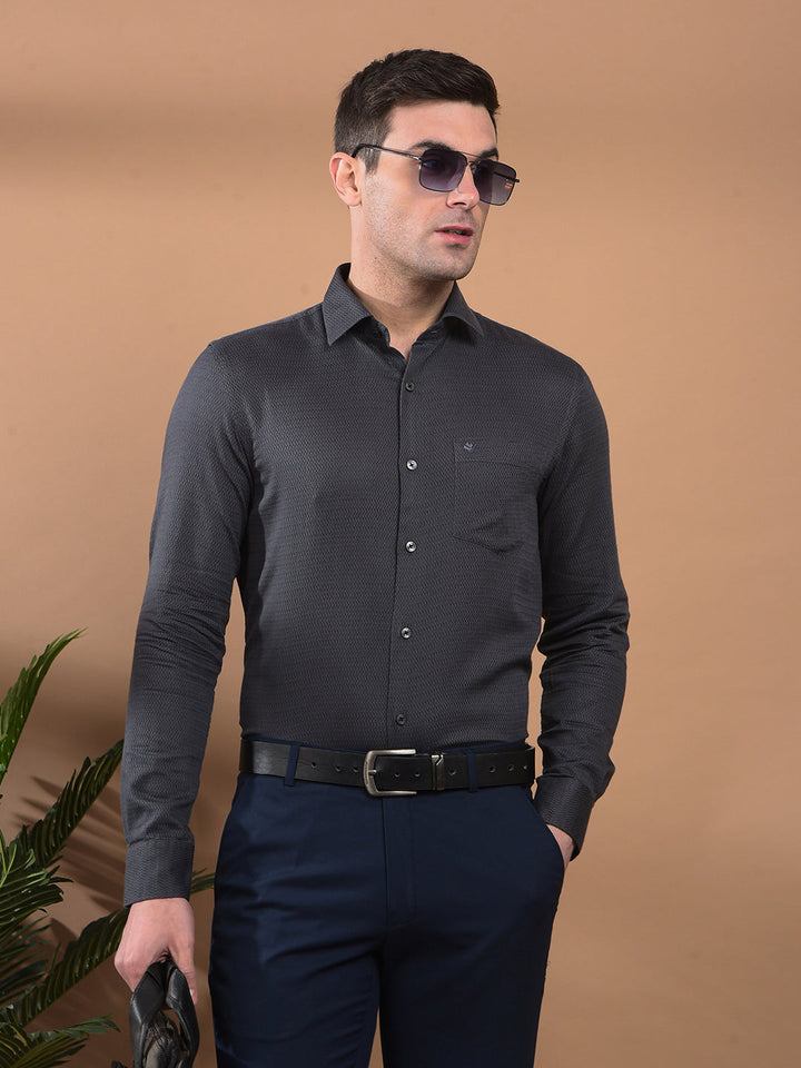 cobb dark grey self-design slim-fit formal shirt