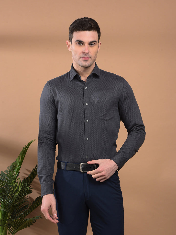 cobb dark grey self-design slim-fit formal shirt