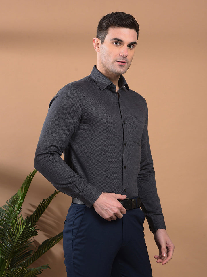 COBB DARK GREY SELF-DESIGN SLIM-FIT FORMAL SHIRT