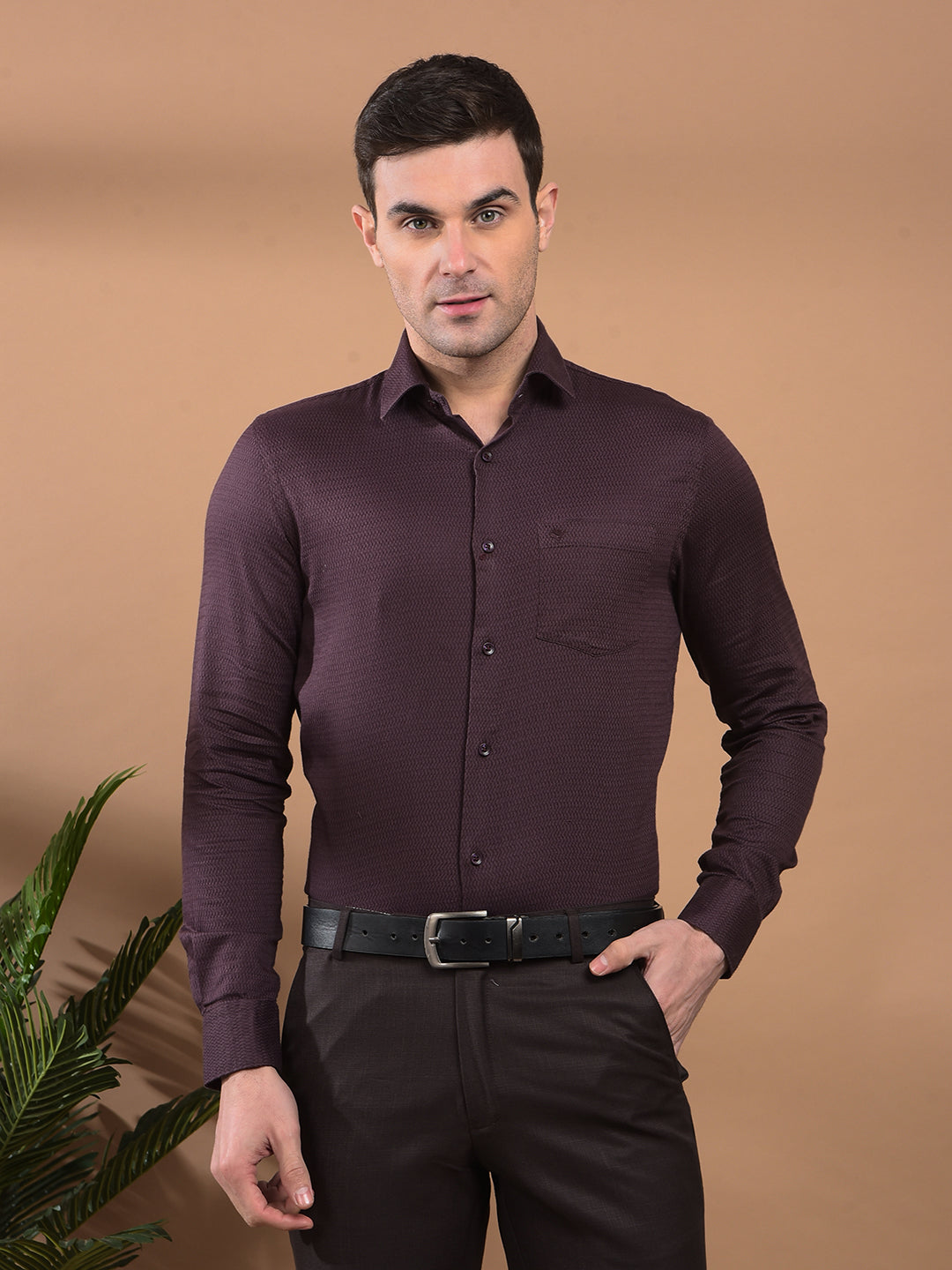 cobb wine self-design slim-fit formal shirt