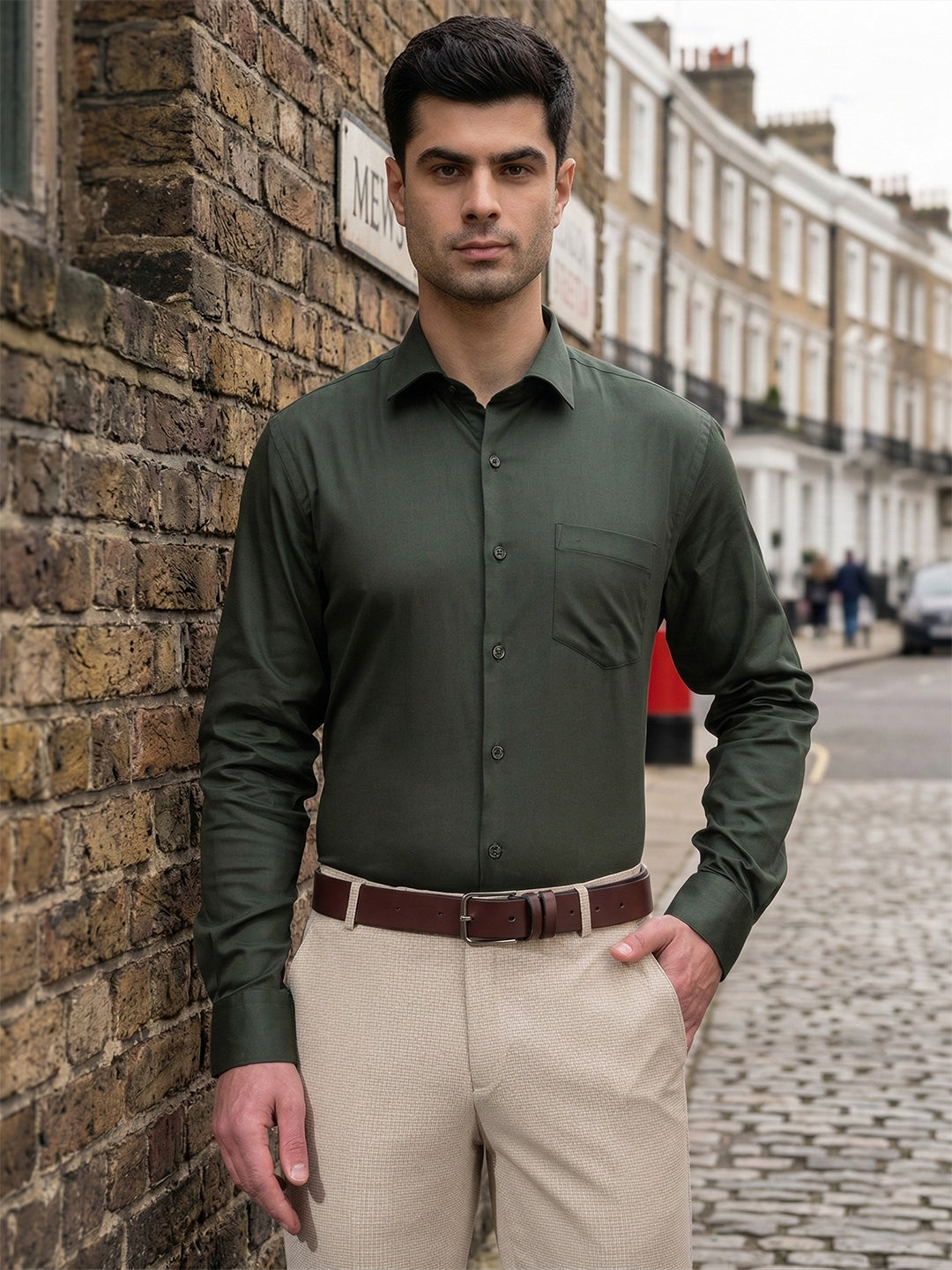 cobb green solid stretch-fit formal shirt