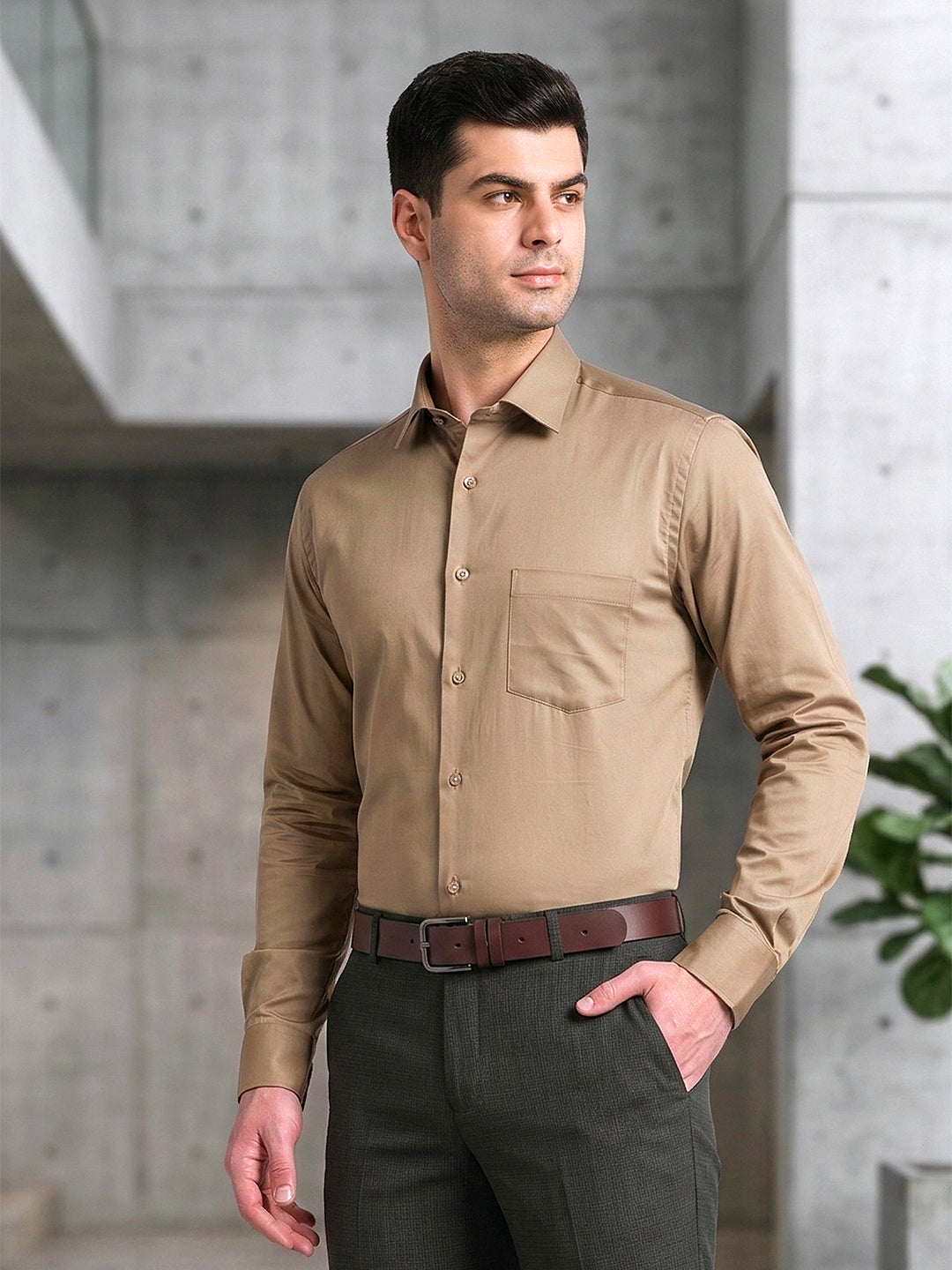 cobb khaki solid stretch-fit formal shirt