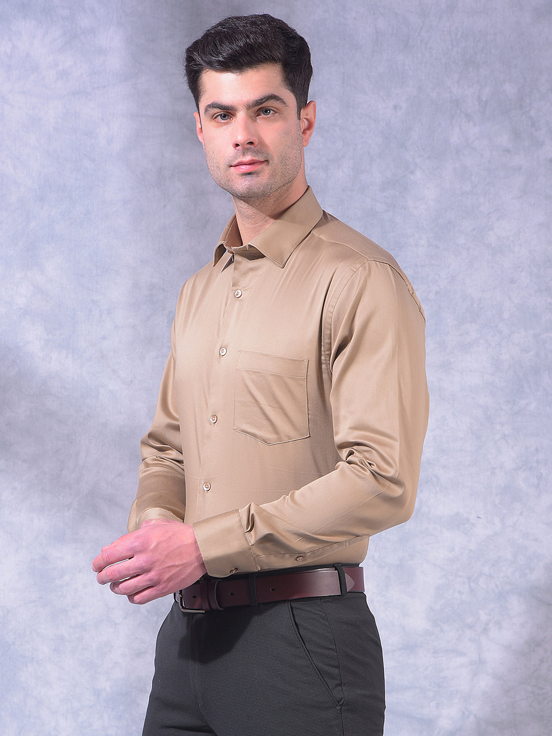 cobb khaki solid stretch-fit formal shirt