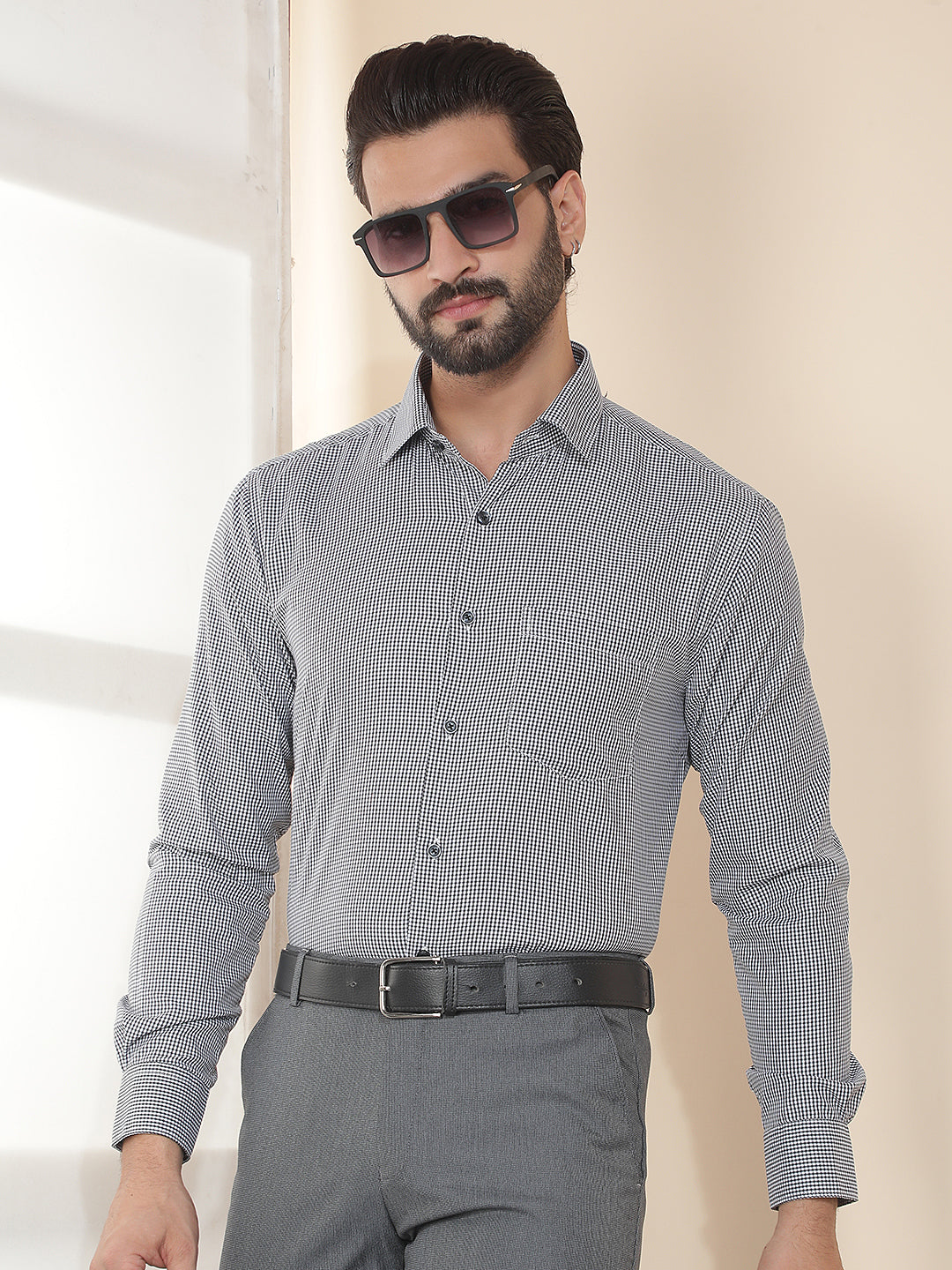 cobb black checked smart-fit formal shirt