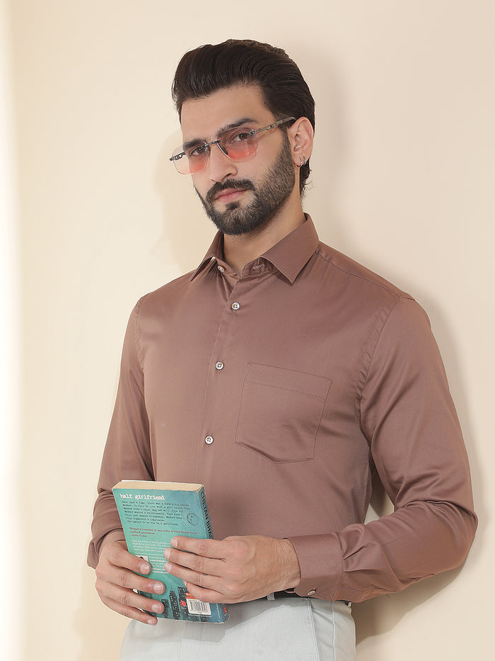 cobb tan solid slim-fit formal shirt