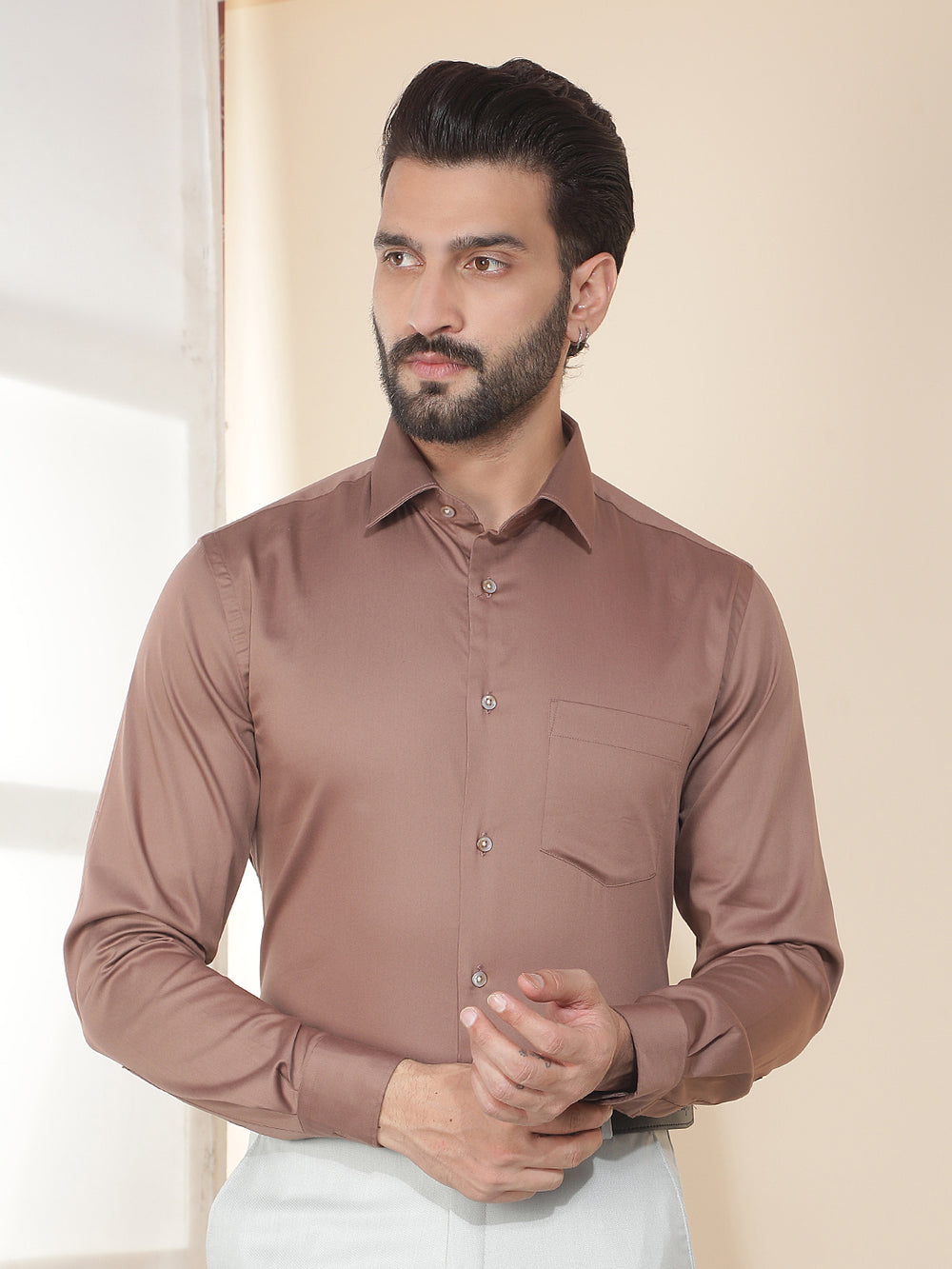 cobb tan solid slim-fit formal shirt