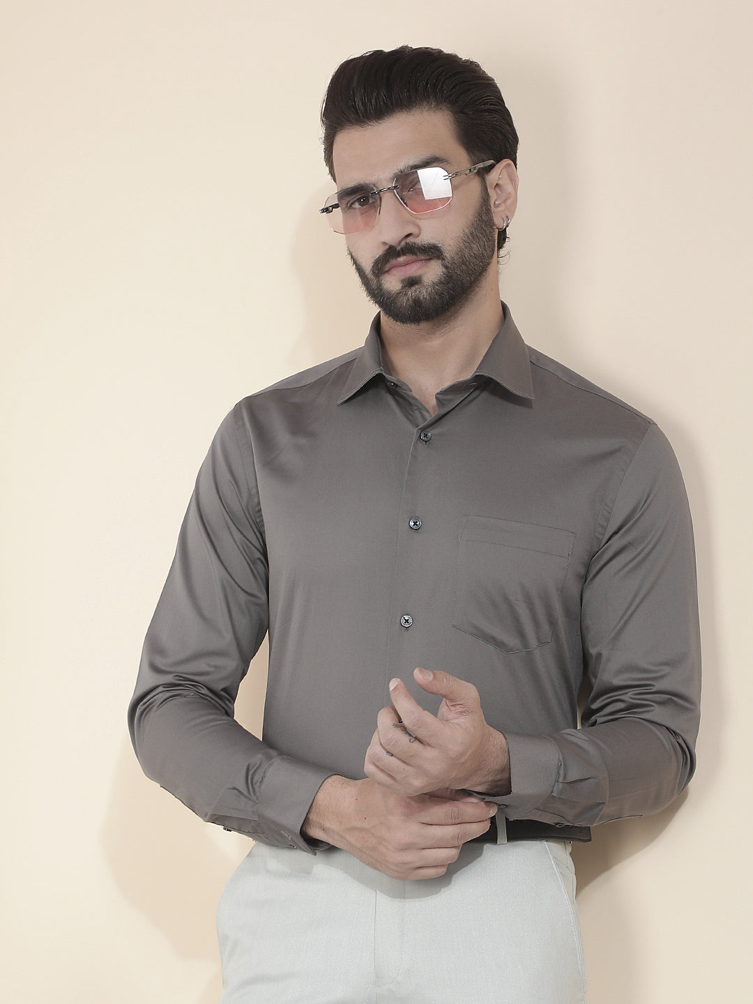 cobb grey solid slim-fit formal shirt