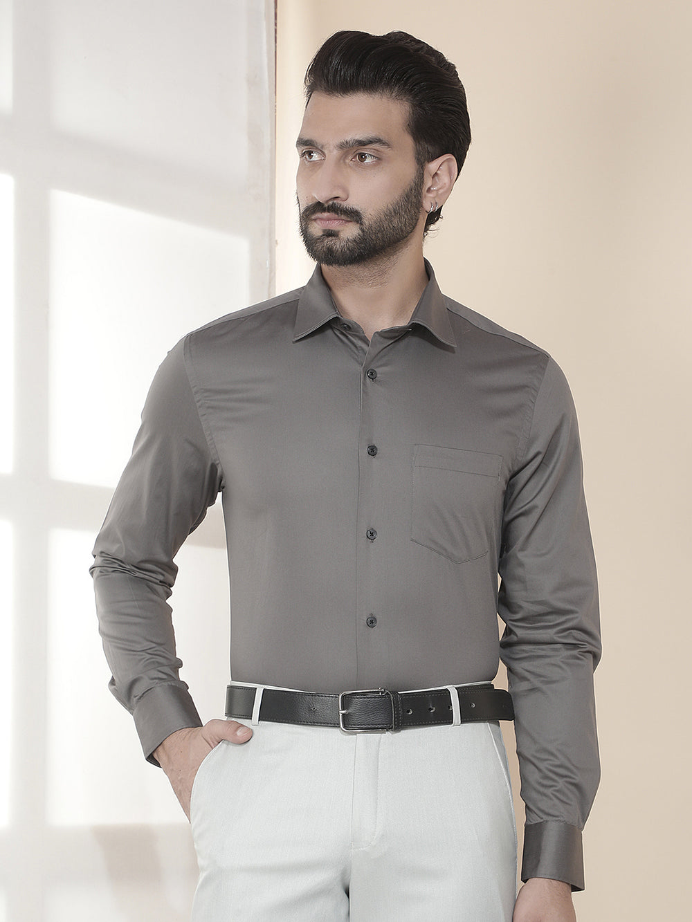cobb grey solid slim-fit formal shirt