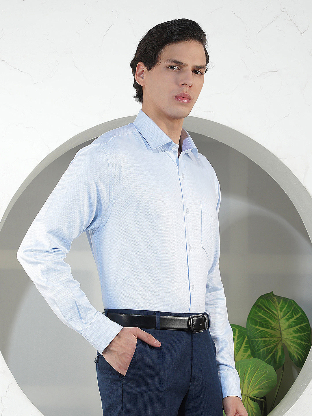 SKY BLUE SELF-DESIGN SMART-FIT FORMAL SHIRT