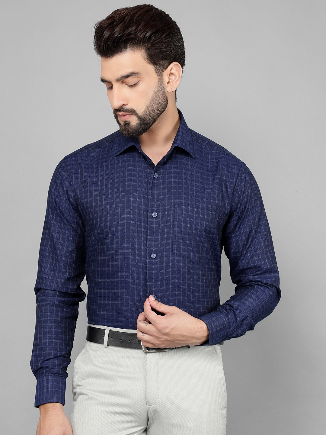 cobb navy blue checked smart-fit formal shirt