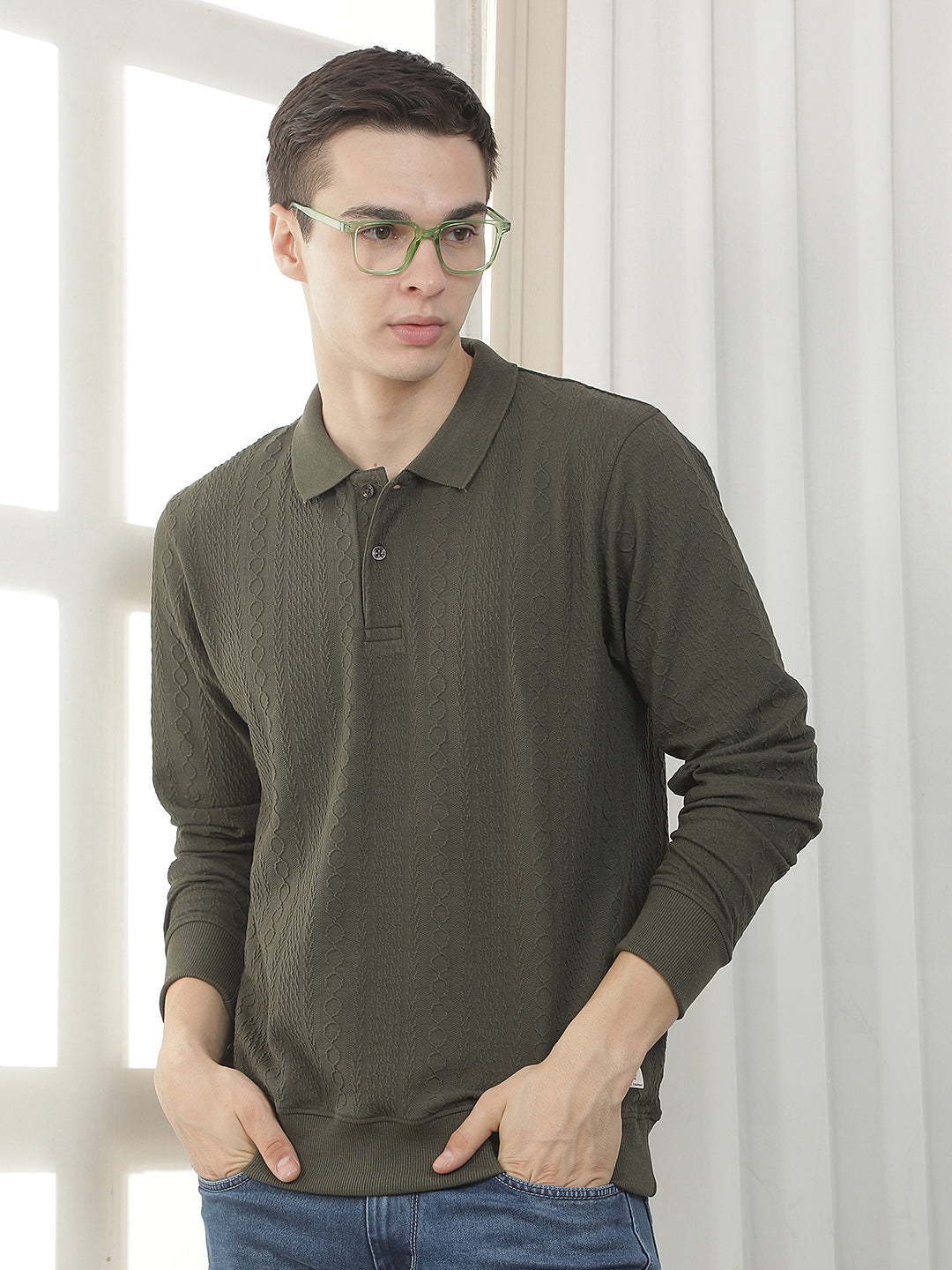 olive self-design full-sleeve polo t-shirt