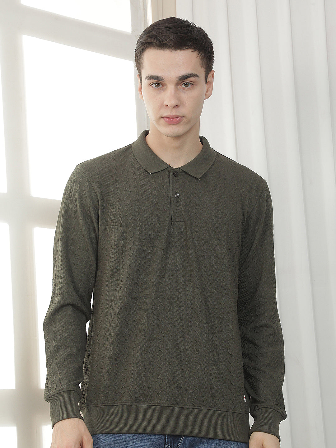 olive self-design full-sleeve polo t-shirt