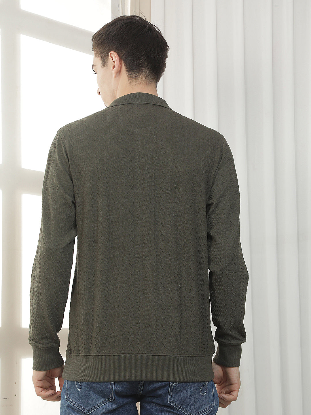 olive self-design full-sleeve polo t-shirt
