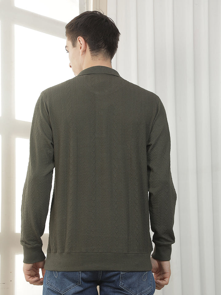 olive self-design full-sleeve polo t-shirt