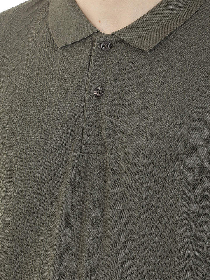 olive self-design full-sleeve polo t-shirt
