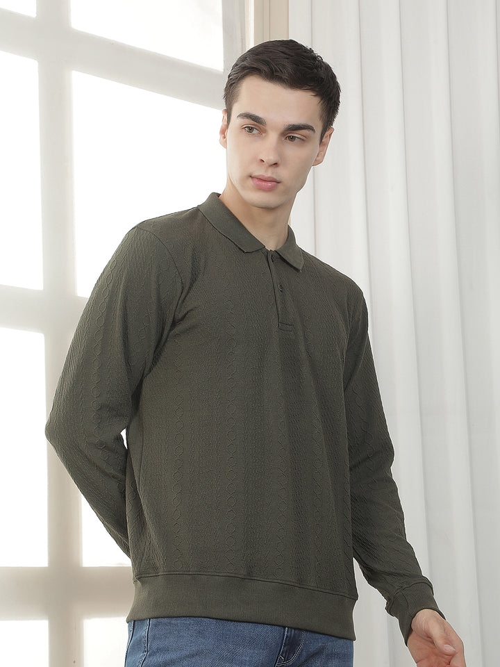 OLIVE SELF-DESIGN FULL-SLEEVE POLO T-SHIRT
