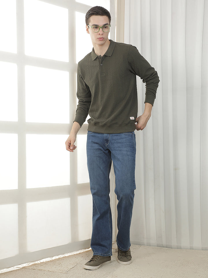 OLIVE SELF-DESIGN FULL-SLEEVE POLO T-SHIRT