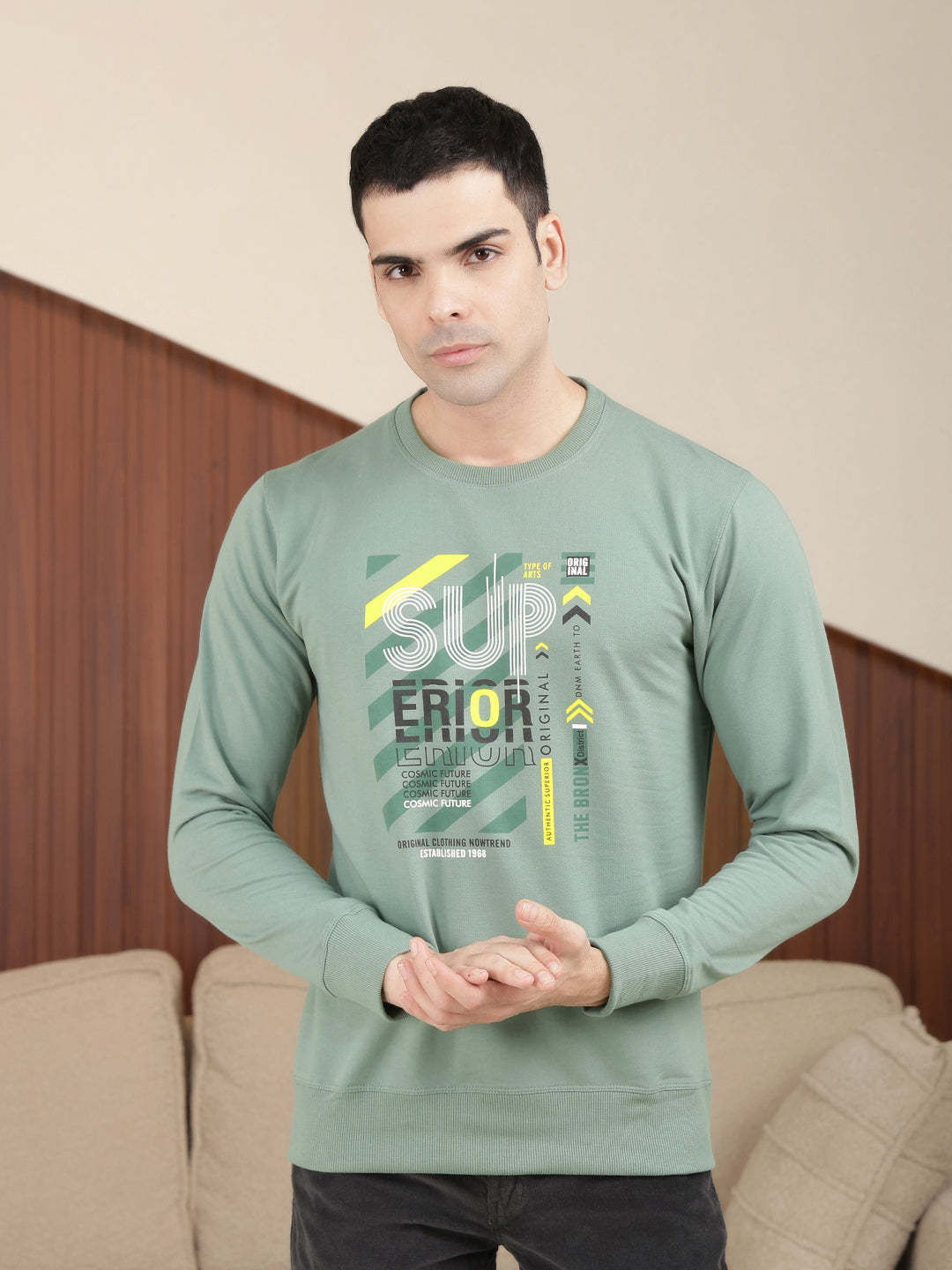 COBB SEA GREEN PRINTED ROUND NECK FULL SLEEVE T-SHIRT