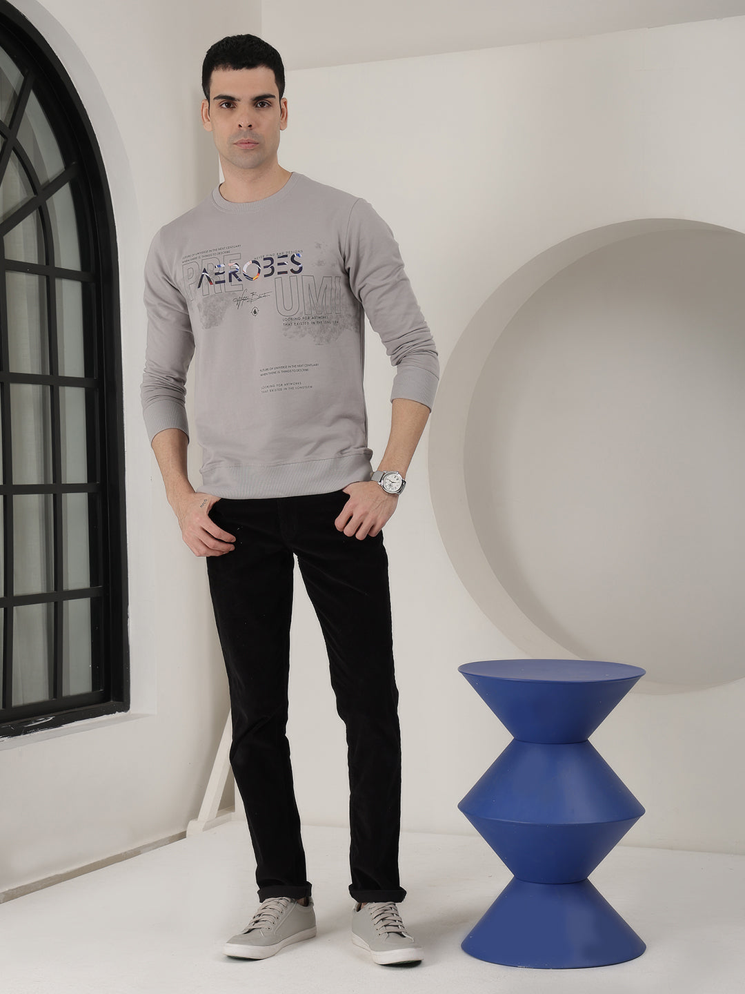 COBB GREY PRINTED ROUND NECK FULL SLEEVE T-SHIRT