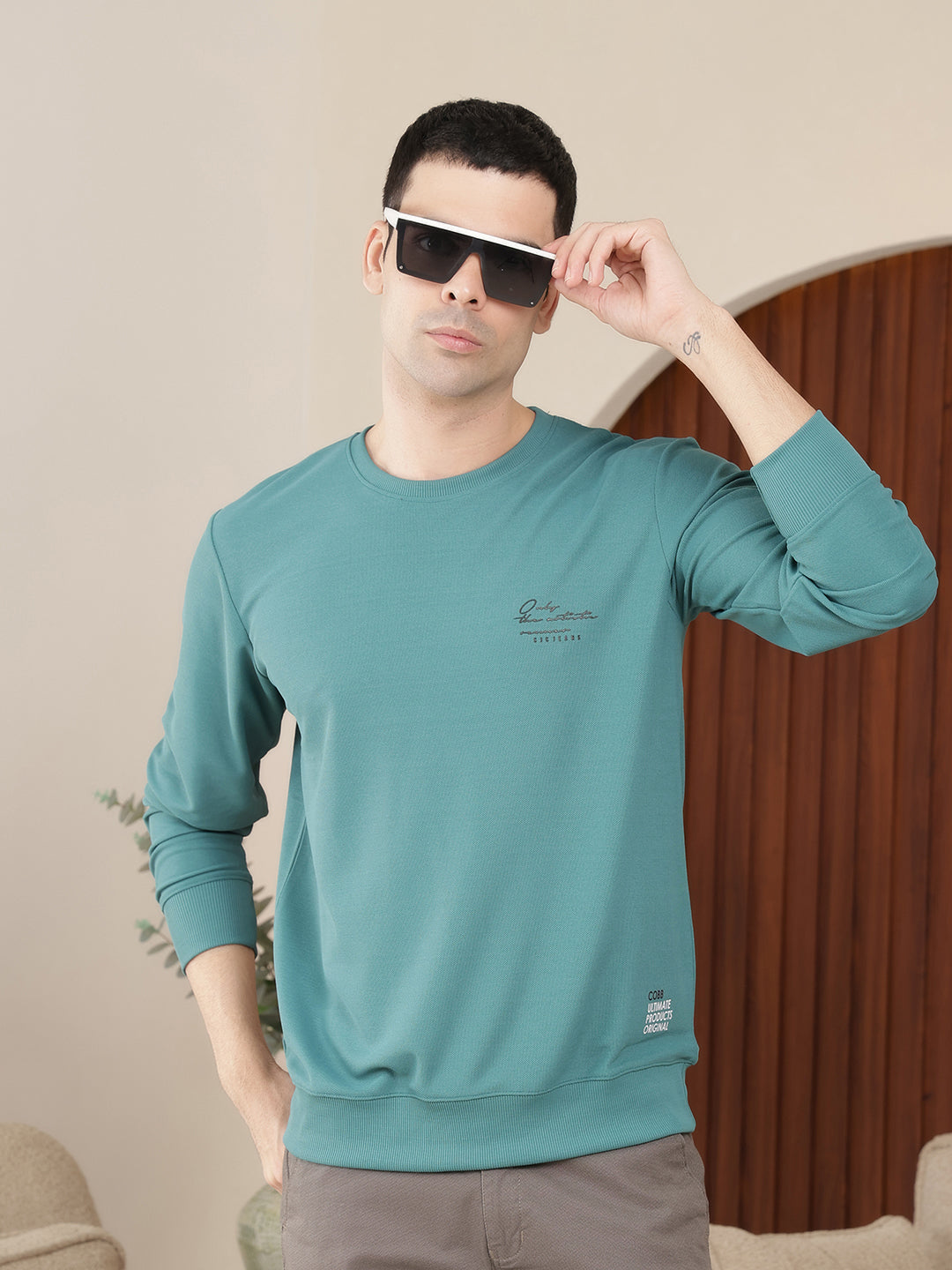 COBB SOLID SEA GREEN ROUND NECK FULL SLEEVE T-SHIRT