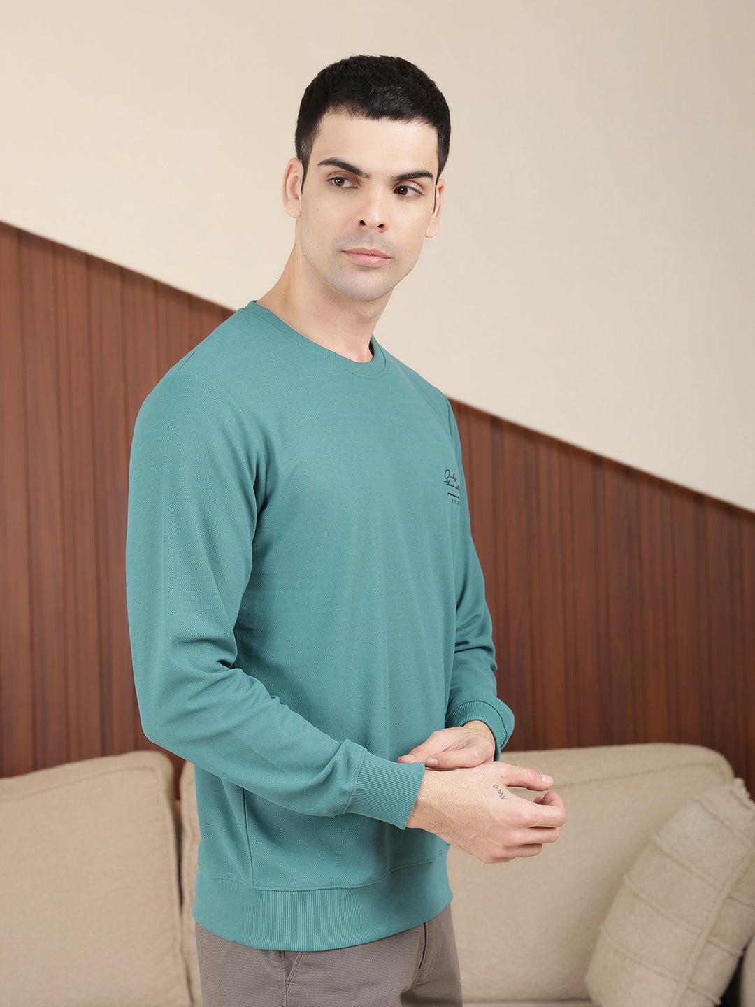 COBB SOLID SEA GREEN ROUND NECK FULL SLEEVE T-SHIRT