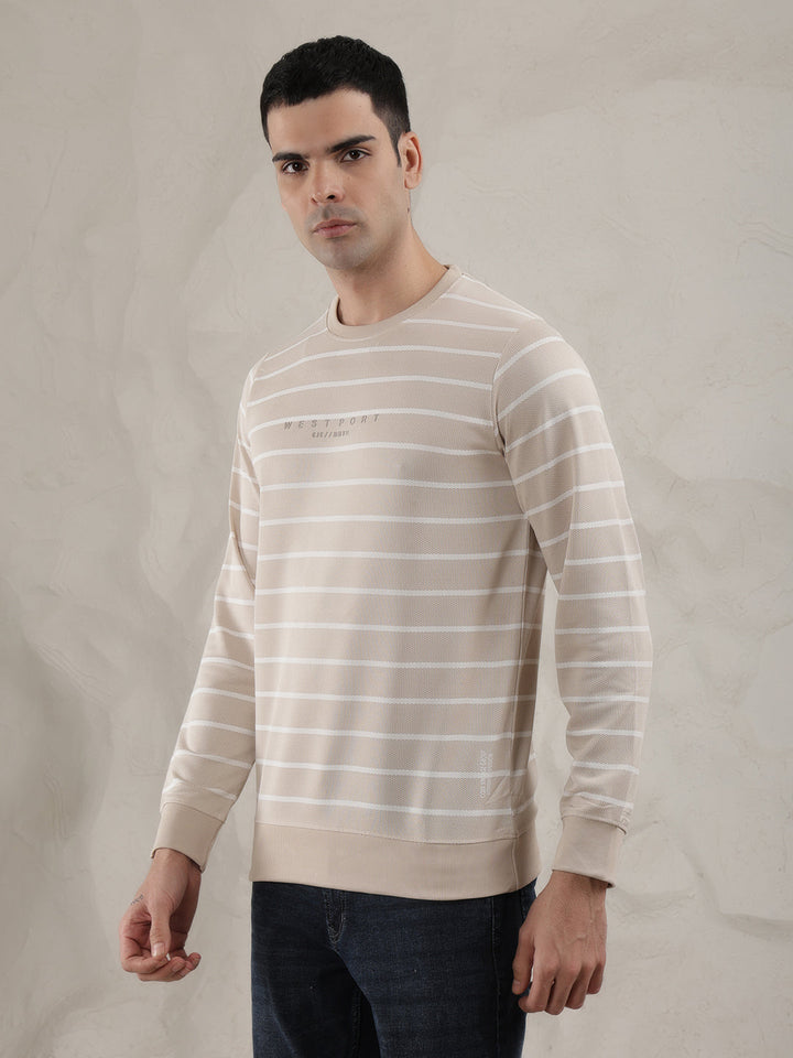 cobb beige striped round neck full sleeve t-shirt