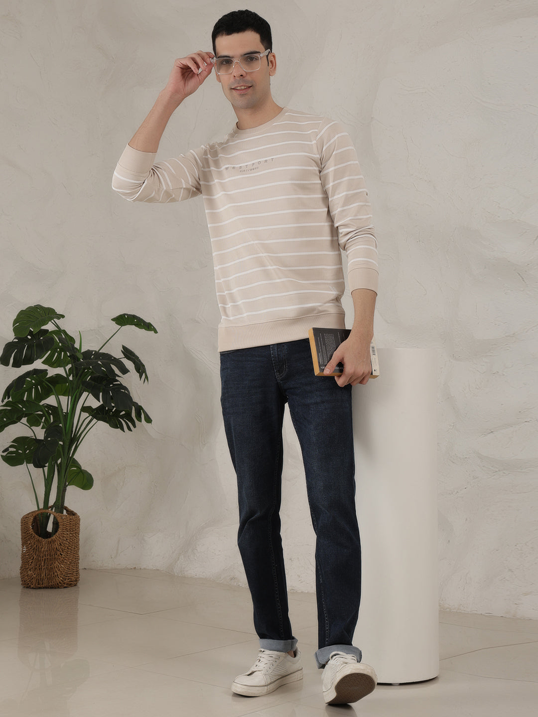 COBB BEIGE STRIPED ROUND NECK FULL SLEEVE T-SHIRT