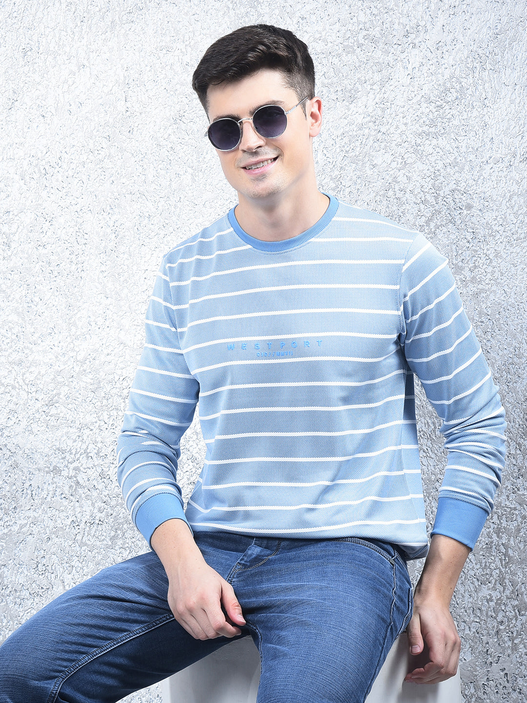 cobb sky blue striped full-sleeve t-shirt