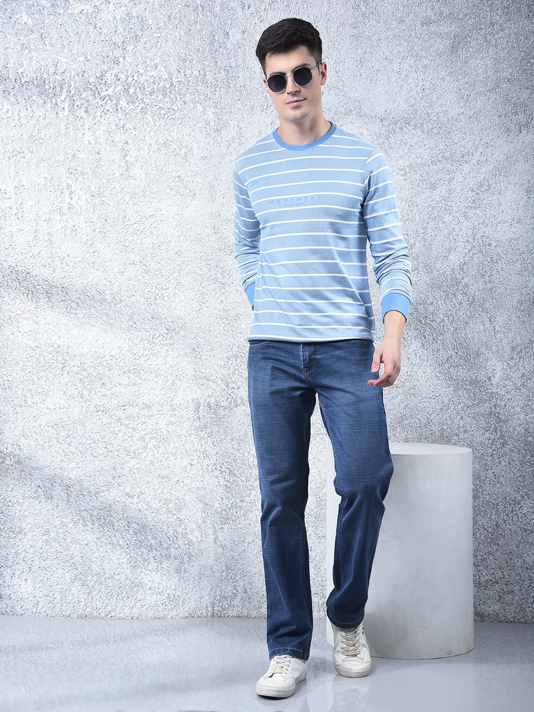 COBB SKY BLUE STRIPED FULL-SLEEVE T-SHIRT