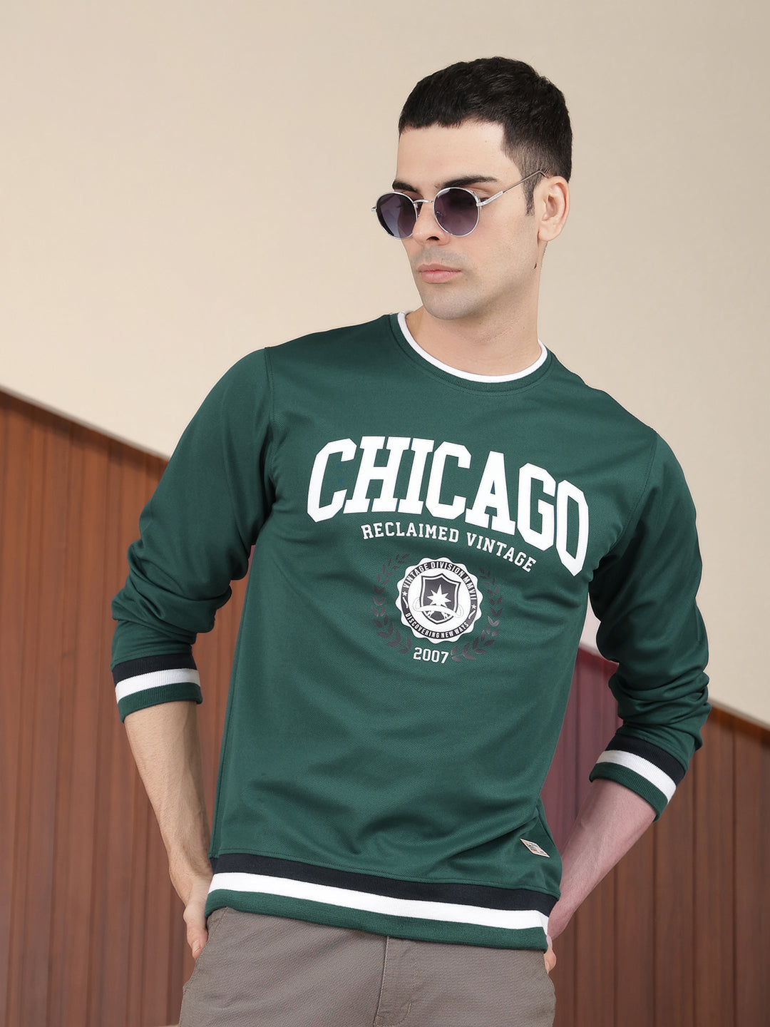 COBB GREEN PRINTED ROUND NECK FULL SLEEVE T-SHIRT